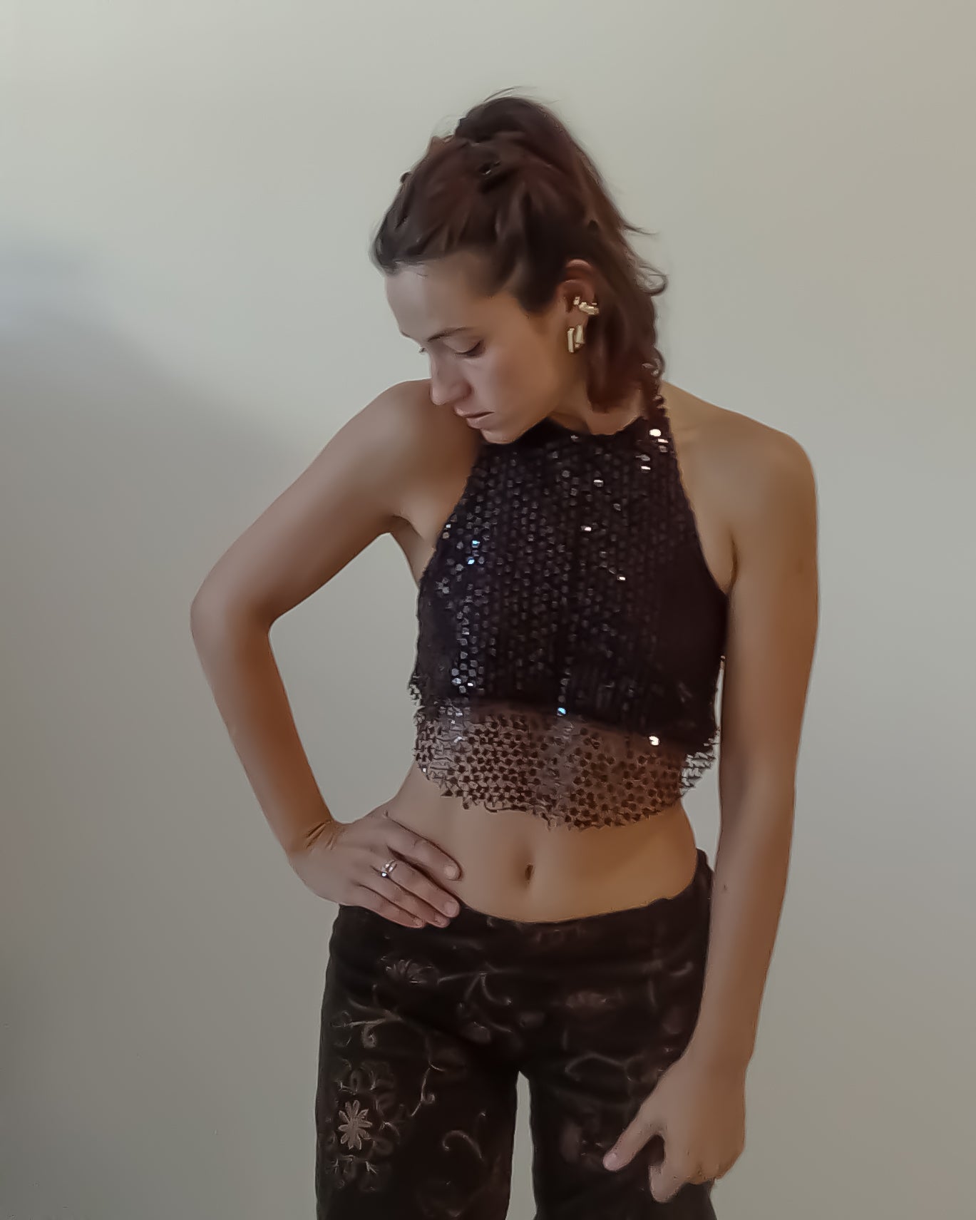 Halter Top Paillettes Marrone